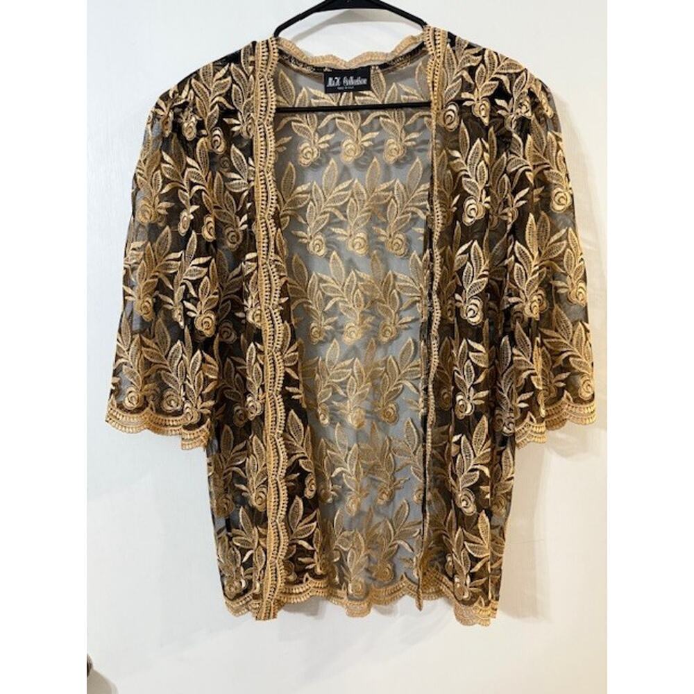 M & H Collection Mesh Kimono Floral Gold Embroidery & Decorative Cardigan-Size L